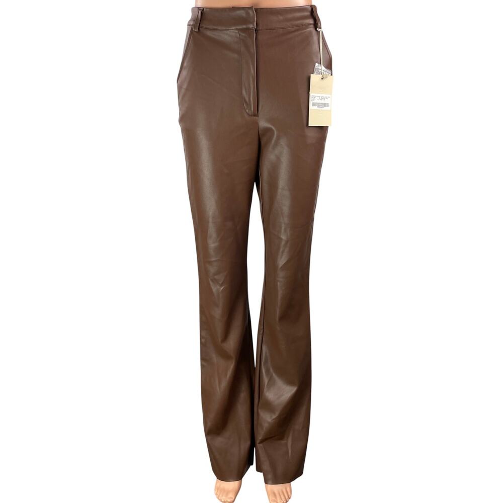NEW Meshki Tyra Women's Brown High Rise Faux Leather Vegan Straight Trousers S